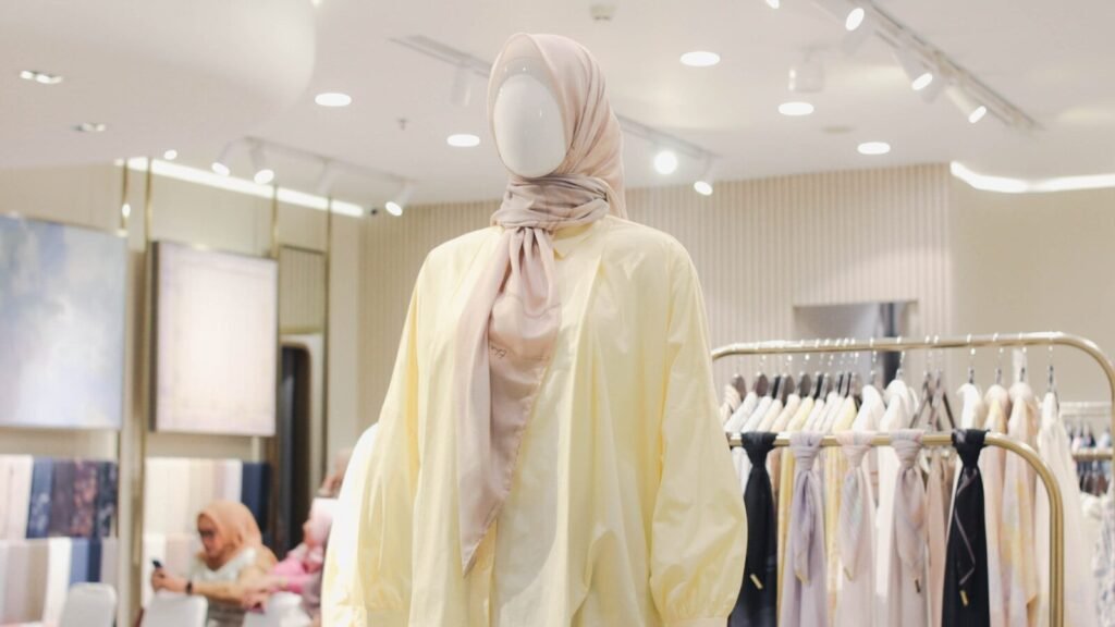 Mannequin wearing a light yellow dress and hijab.
