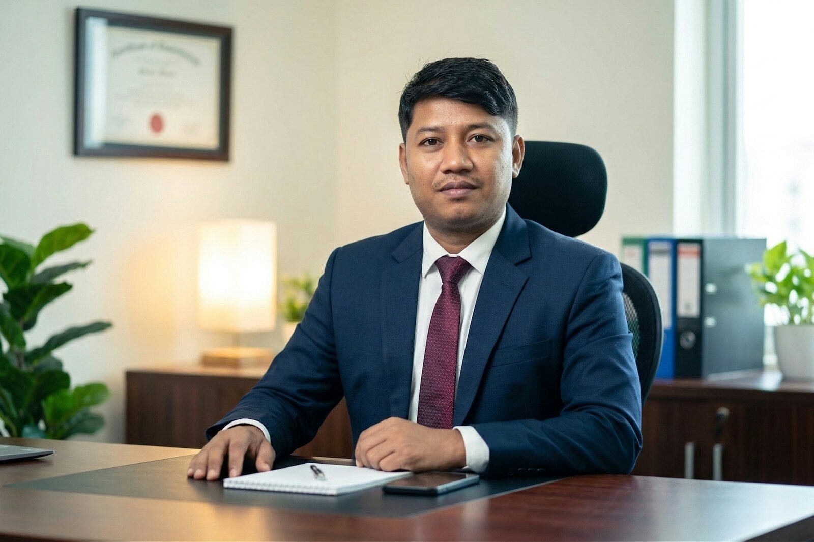 A man in a suit sits at a desk.